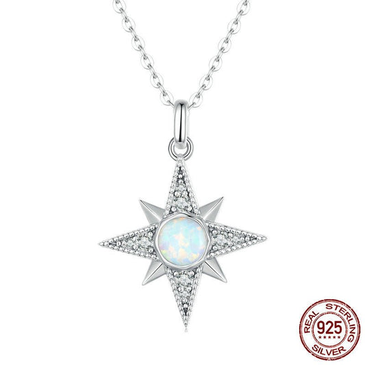 North Star Necklace Opal Center Sterling Silver Compass Pendant