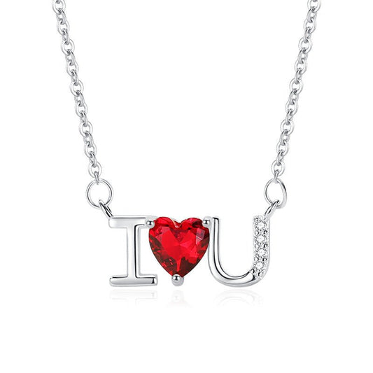 I Love You Necklace Platinum Plated Sterling Silver Red Crystal Heart Pendant